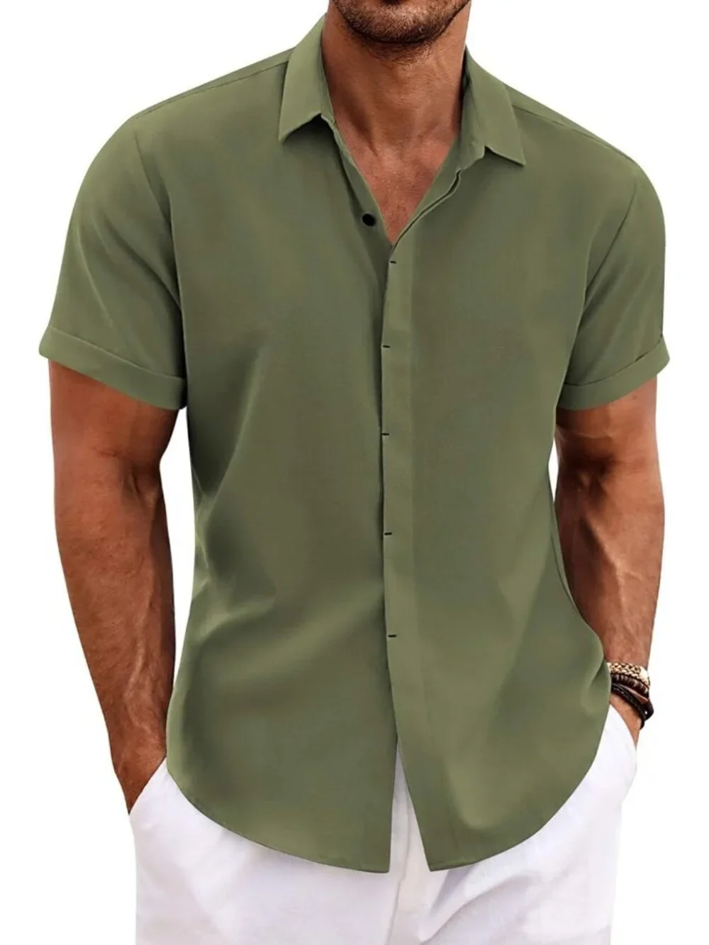 Men's Olive Green Beach Linen Short Sleeve Casual Shirts Imported Button Down